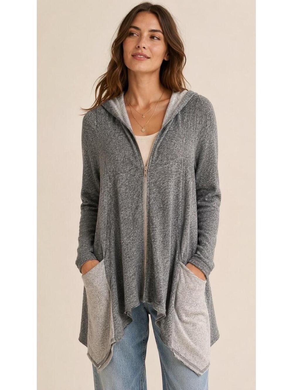 Michael Lauren Hooded Zip Up Cardigan Gray Marled Open Hem XS/S USA